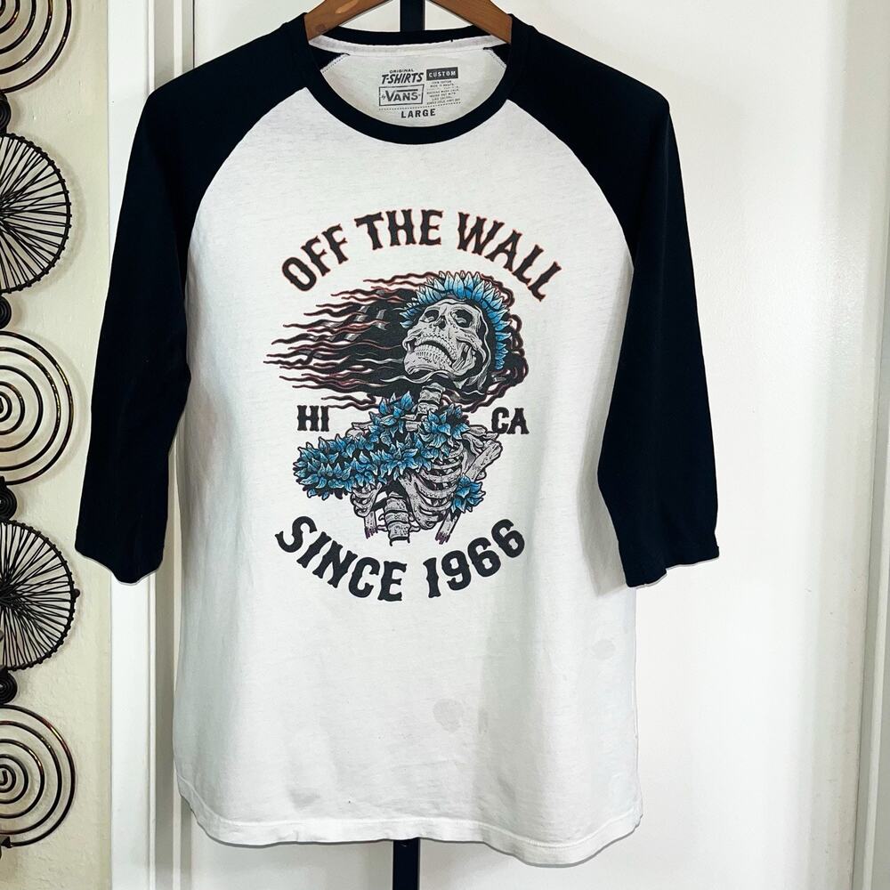 VANS Custom Mens Skeleton Graphic Baseball Tee - Black White Blue, Size L - Picture 8 of 8